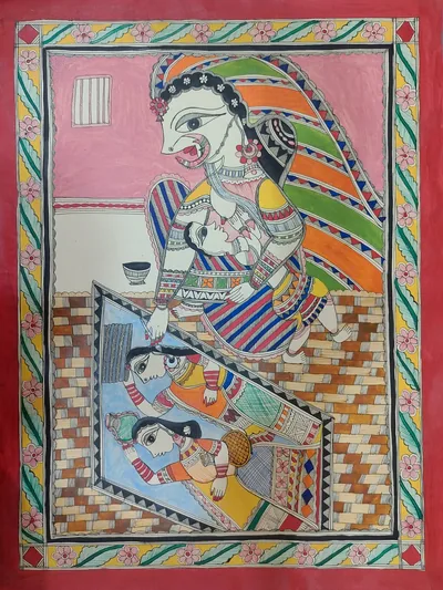 Mithila woman making beautiful Mithila Panting Art